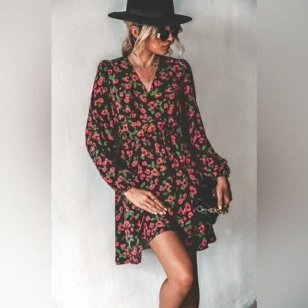 Cupshe Floral Print Bishop Sleeve Overlap Collar Surplice Mock Wrap Mini Dress L